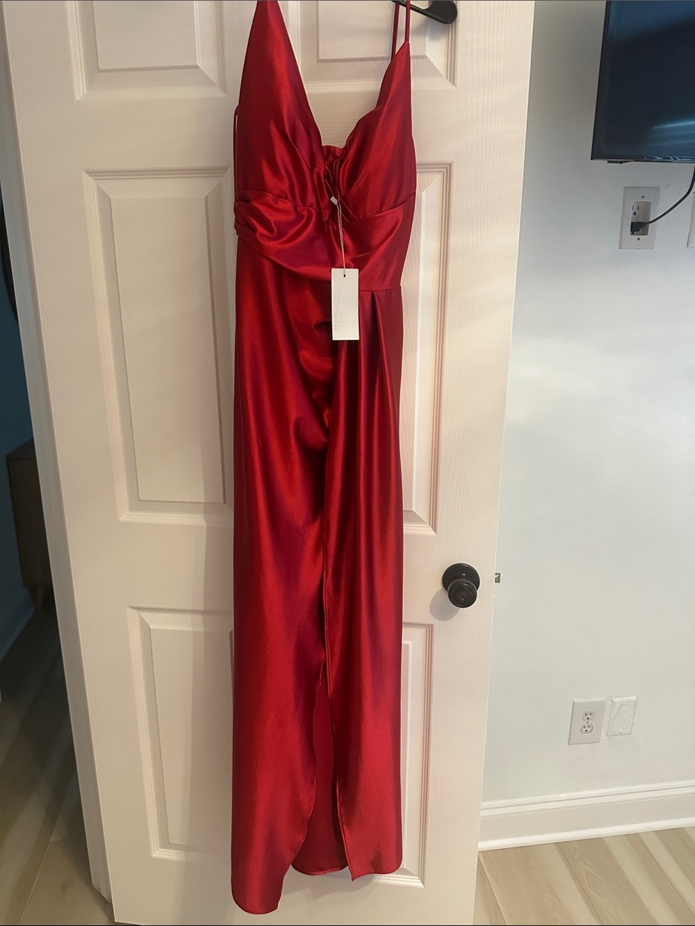 Red Satin Spaghetti Strap Evening Gown